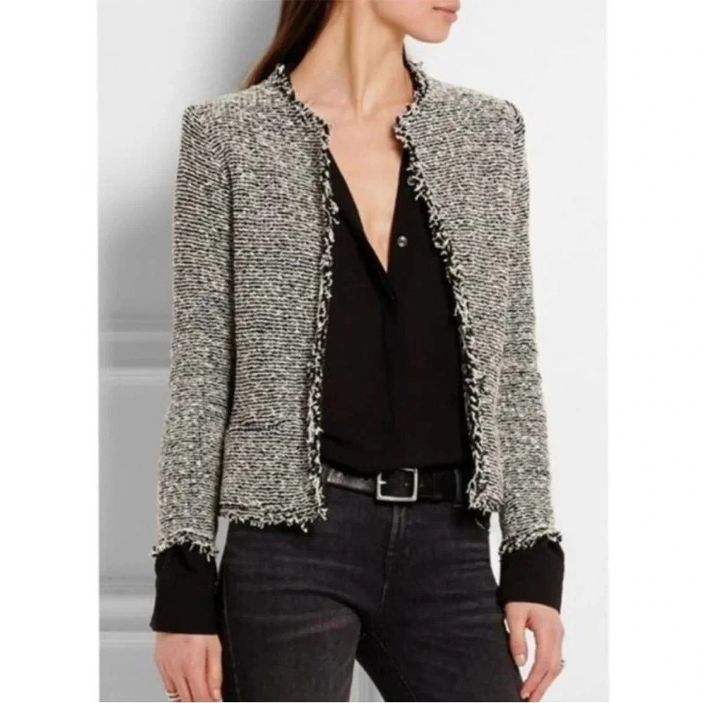 IRO Azure Black and White Open Front Tweed Blazer Womens EU 38 US 6